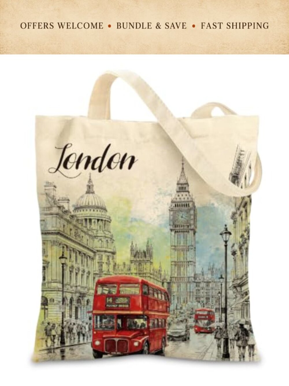 London Canvas Tote Bag 14x16 Inch Snap Zip Pocket Travel